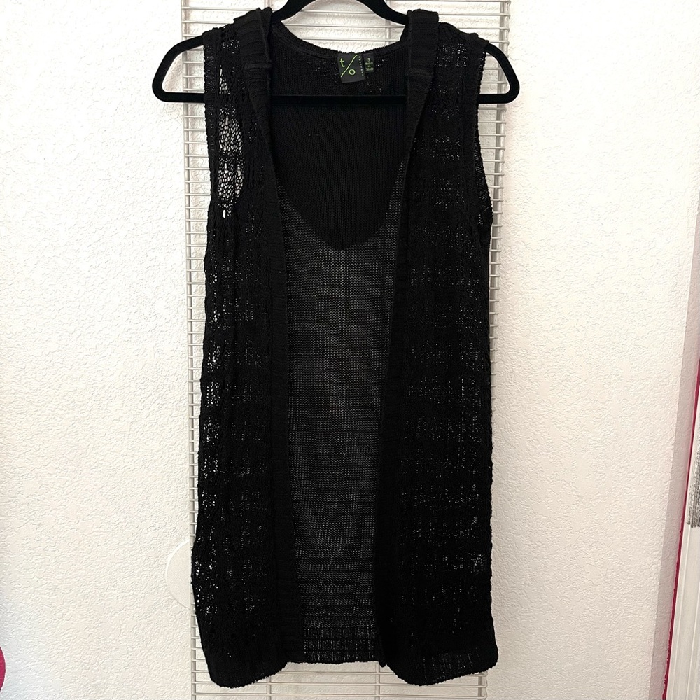 T/O Sweaters Open Knit Sleeveless Cardigan with Hood